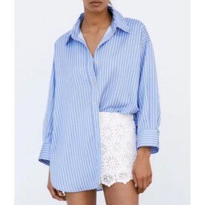 Zara Blue White Striped Poplin Oversized Button Shirt L/S City Preppy Womens S
